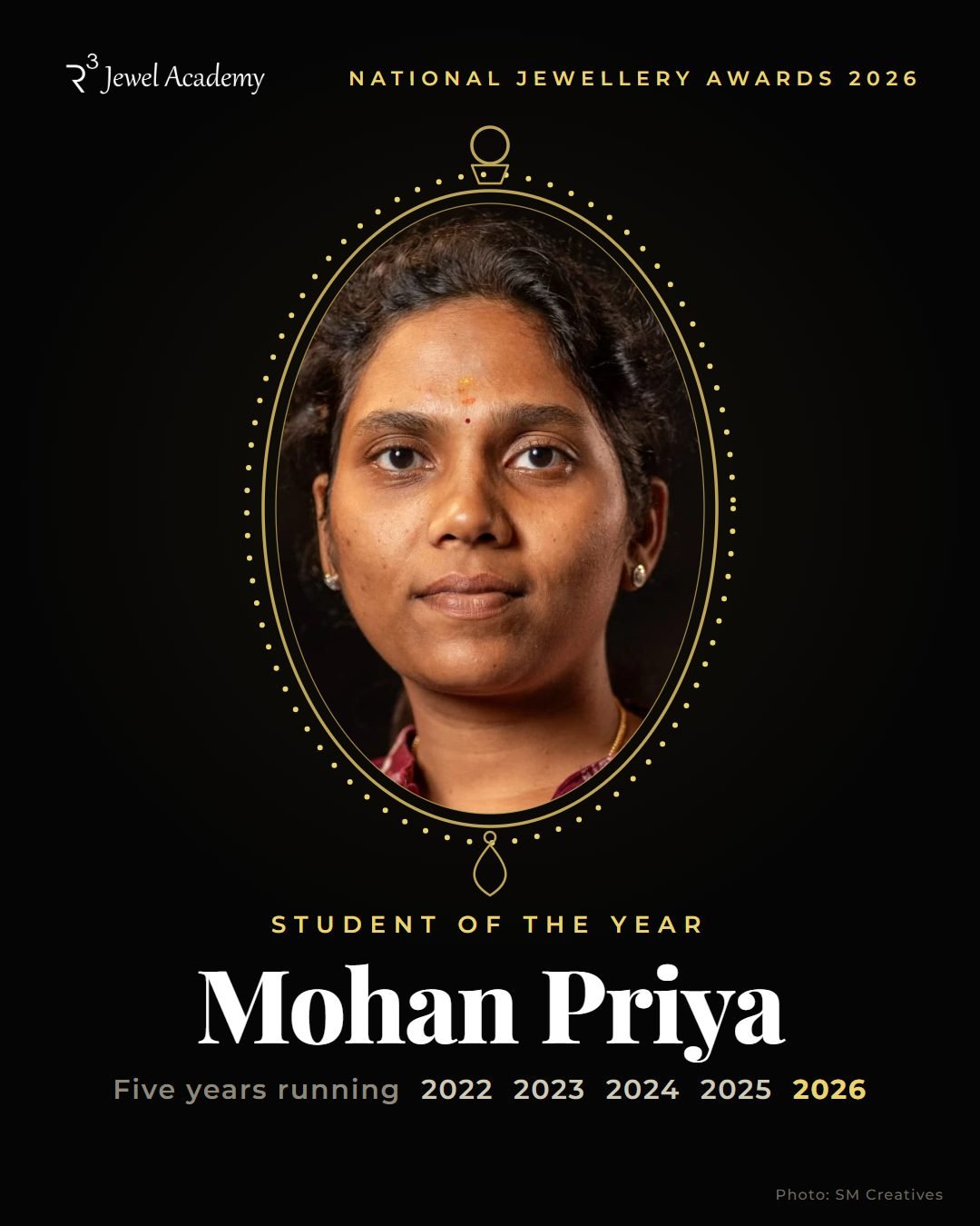 Poster: Mohan Priya, Student of the Year, National Jewellery Awards 2026, R3 Jewel Academy, five years running from 2022 to 2026
