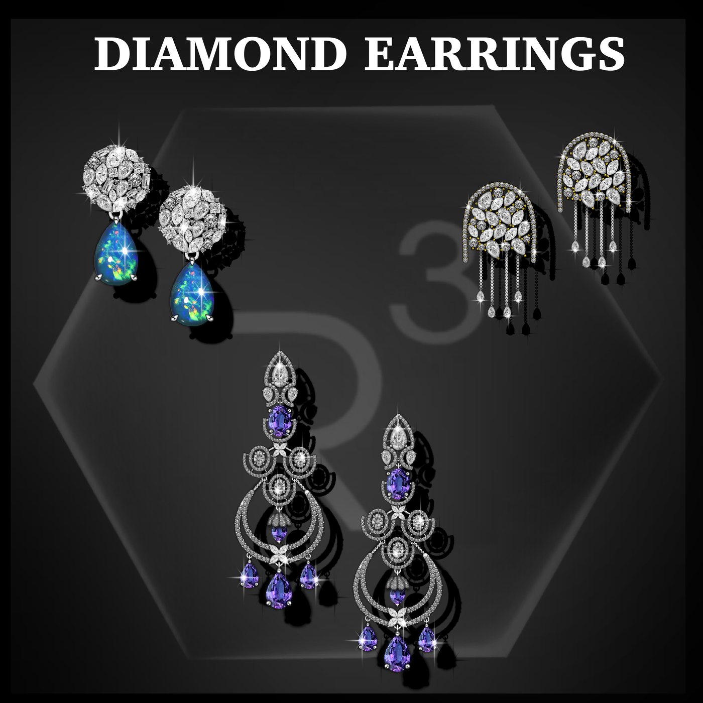 Diamond and amethyst earring designs illustrated in Procreate at R3 Jewel Academy