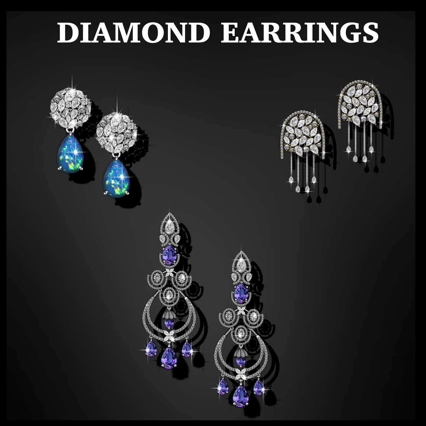 Diamond and blue gemstone earring designs illustrated in Procreate at R3 Jewel Academy