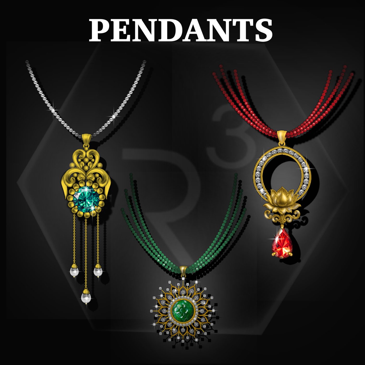 Gold pendant designs with gemstones and pearl drops illustrated in Procreate at R3 Jewel Academy