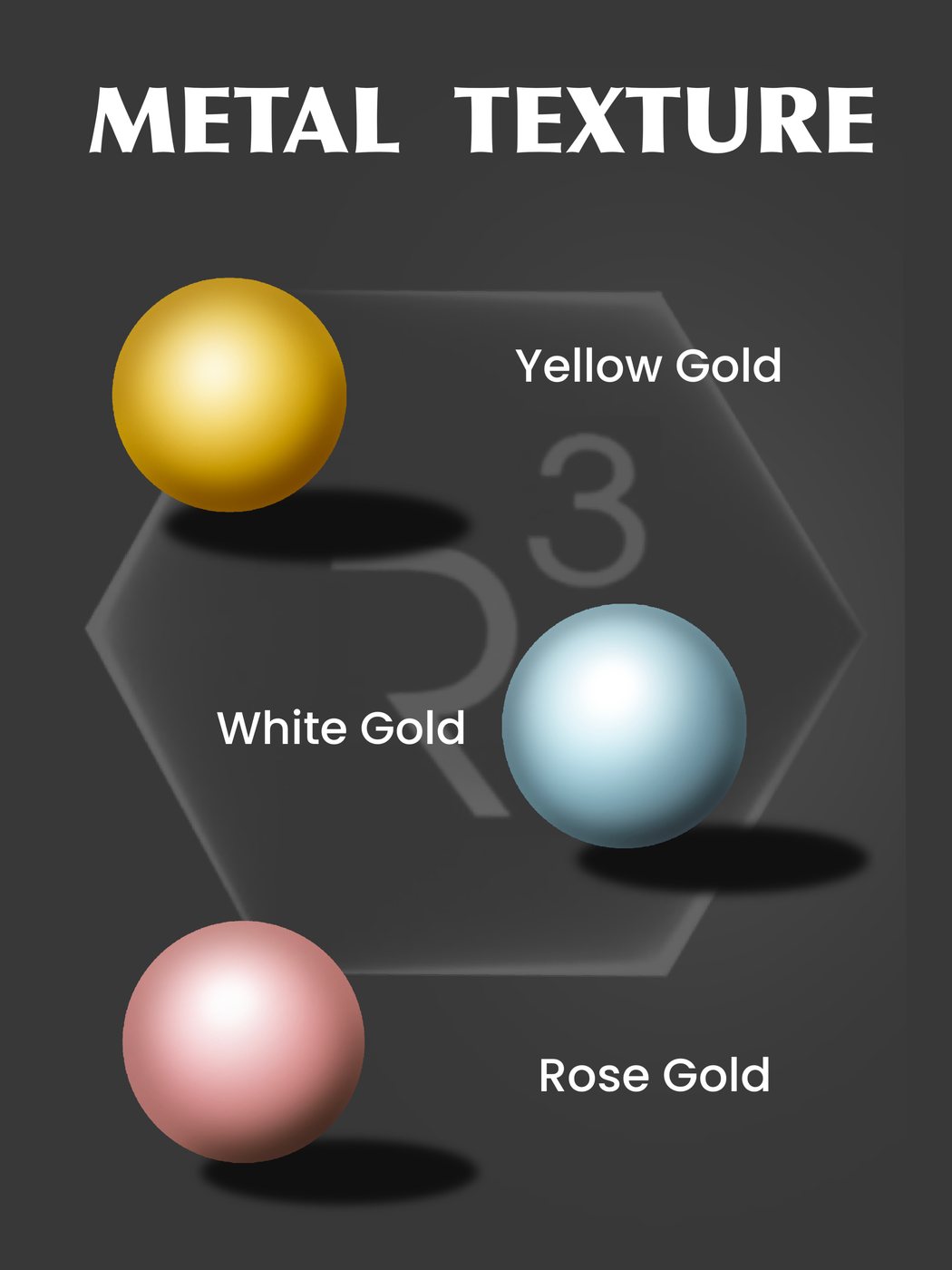 Procreate metal texture rendering exercise showing yellow gold, white gold and rose gold spheres, taught at R3 Jewel Academy