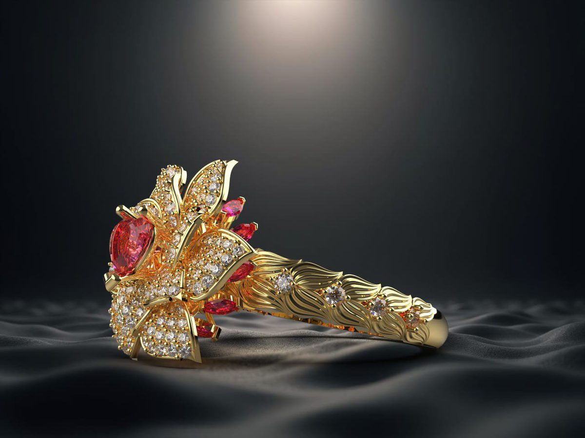 Ruby floral cocktail ring render