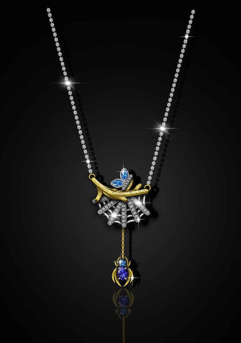 Butterfly and web themed pendant necklace illustrated in Procreate