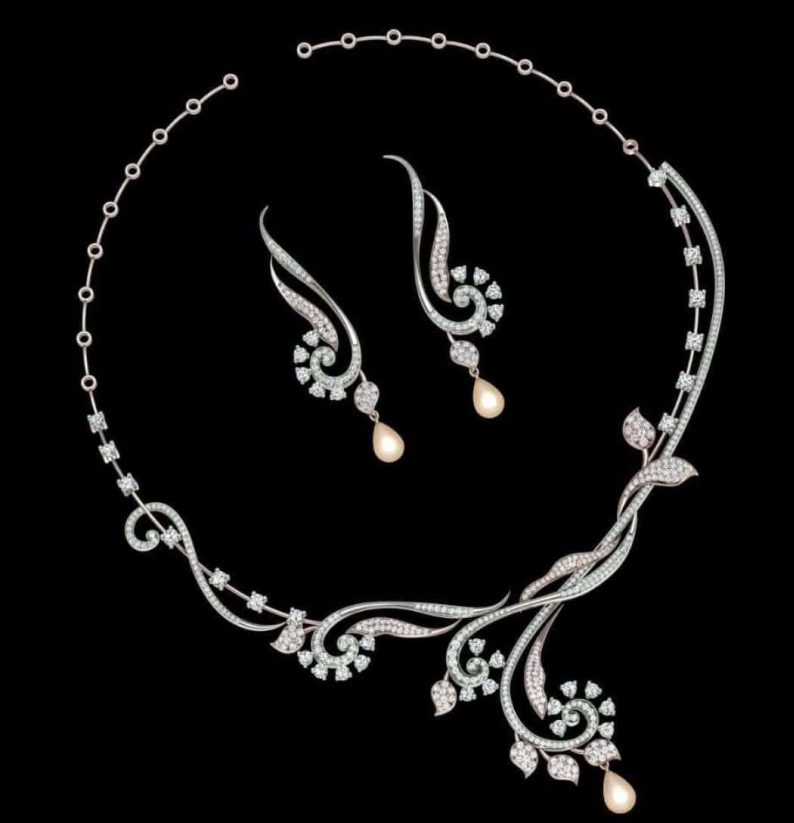 Diamond floral necklace and matching earrings with pearl drops, rendered in Procreate