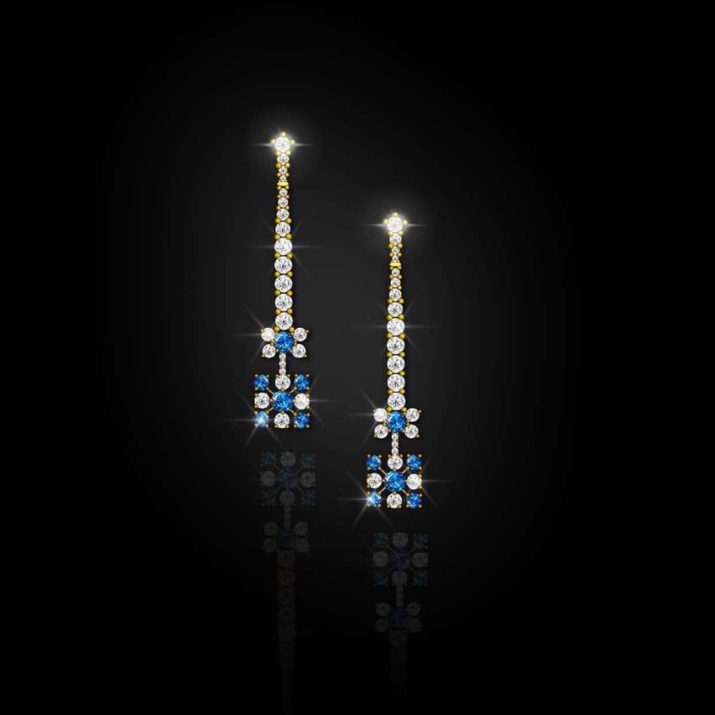 Long diamond and blue sapphire dangle earrings illustrated in Procreate