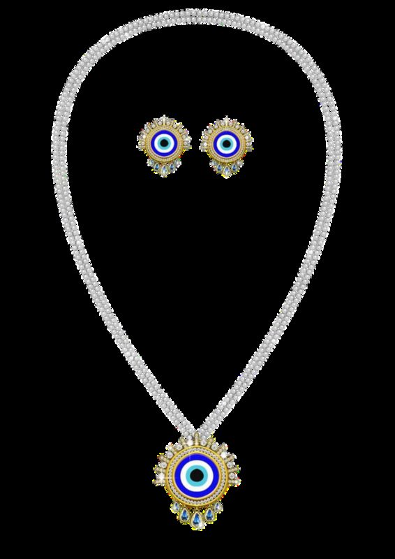 Evil eye pendant necklace with matching studs, rendered in Procreate