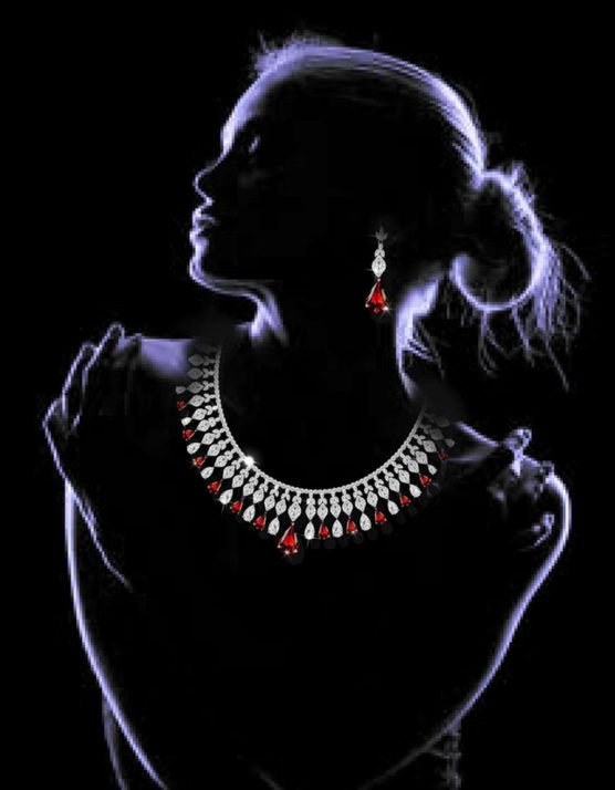 Ruby and diamond necklace shown on a figure silhouette, presentation render in Procreate