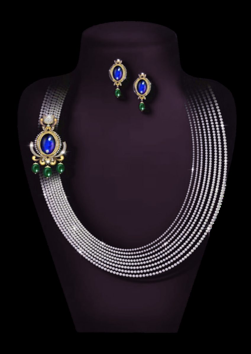 Sapphire and emerald necklace set shown on a display bust, rendered in Procreate