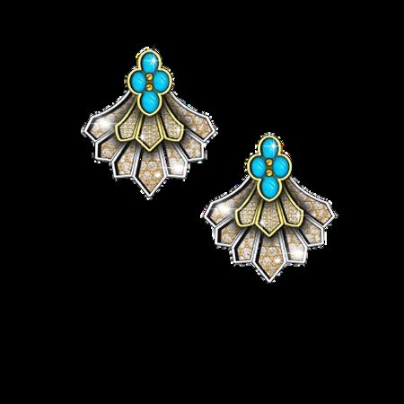 Turquoise and polki fan-shaped earrings illustrated in Procreate