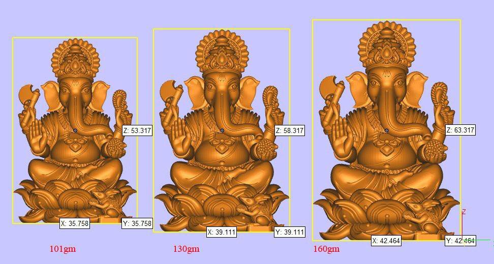 Ganesha idol 3D models in three sizes annotated with casting weights of 101g, 130g and 160g, sculpted in ZBrush