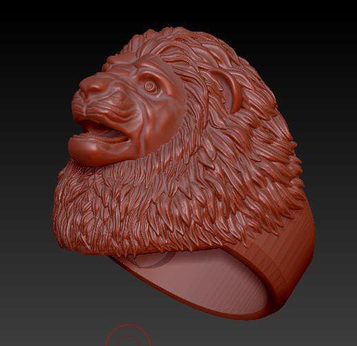 Close detail of a lion head ring sculpt showing mane texturing in ZBrush