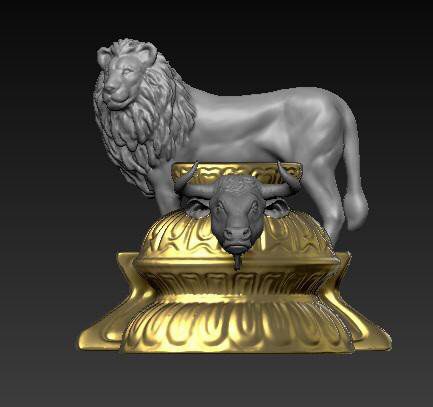Lion statue on an ornate gold lotus pedestal, 3D sculpted in ZBrush