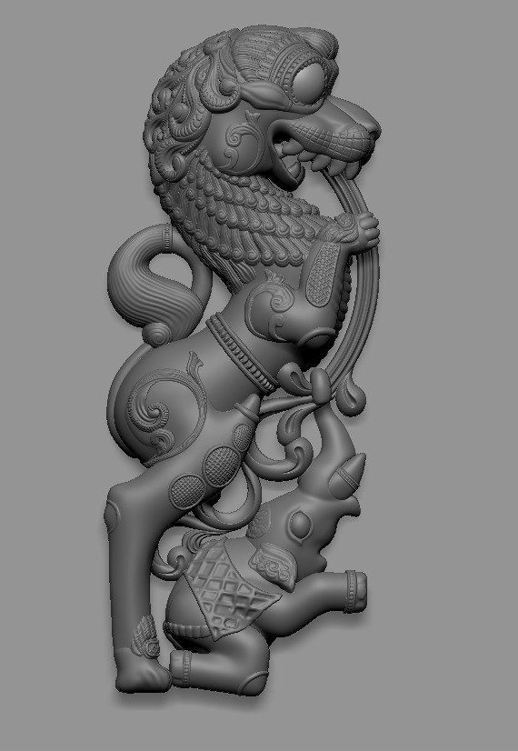 Ornate mythological pendant relief with scrollwork detail, sculpted in ZBrush
