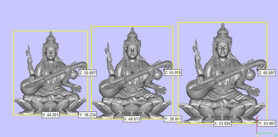 Saraswati idol 3D sculpt shown in three views with production dimensions, modelled in ZBrush