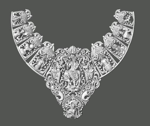 Temple jewellery style bib necklace with dense ornamental relief, sculpted in ZBrush